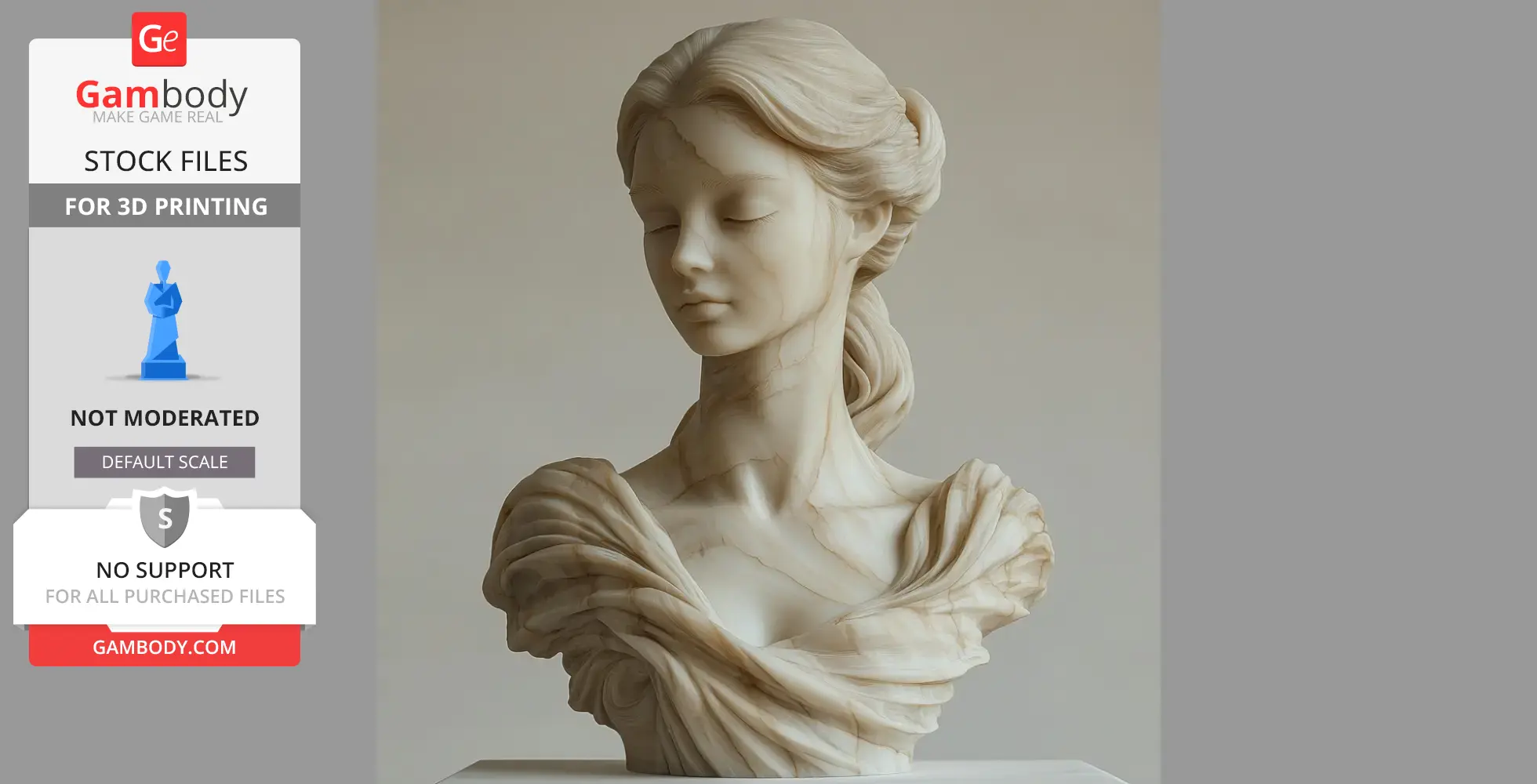 Elegant female bust sculpture with closed eyes and wavy hair, draped in flowing fabric.