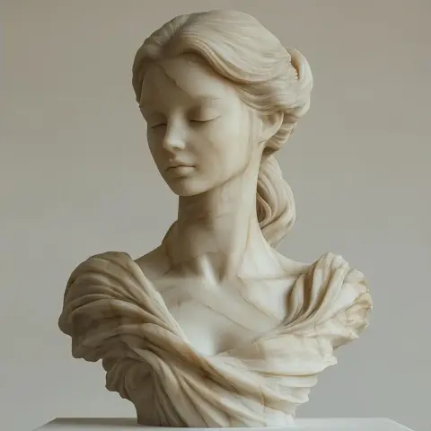 Bust of a serene woman with closed eyes, detailed hair, and draped clothing, suitable for 3D printing.