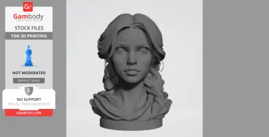 3D model of a female bust with detailed hair and facial features on a round base, ready for printing.
