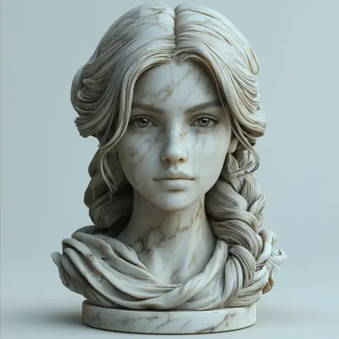 Bust of a woman with long braided hair and a scarf, resembling marble.