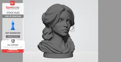 A detailed 3D-printed female bust with braided hair and serene expression on a circular base.