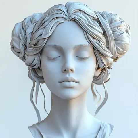 3D model of a serene female bust with intricately styled hair, eyes closed.