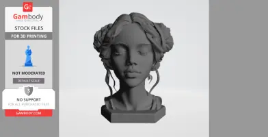 A 3D printed female bust with closed eyes and braided hair on a pedestal.