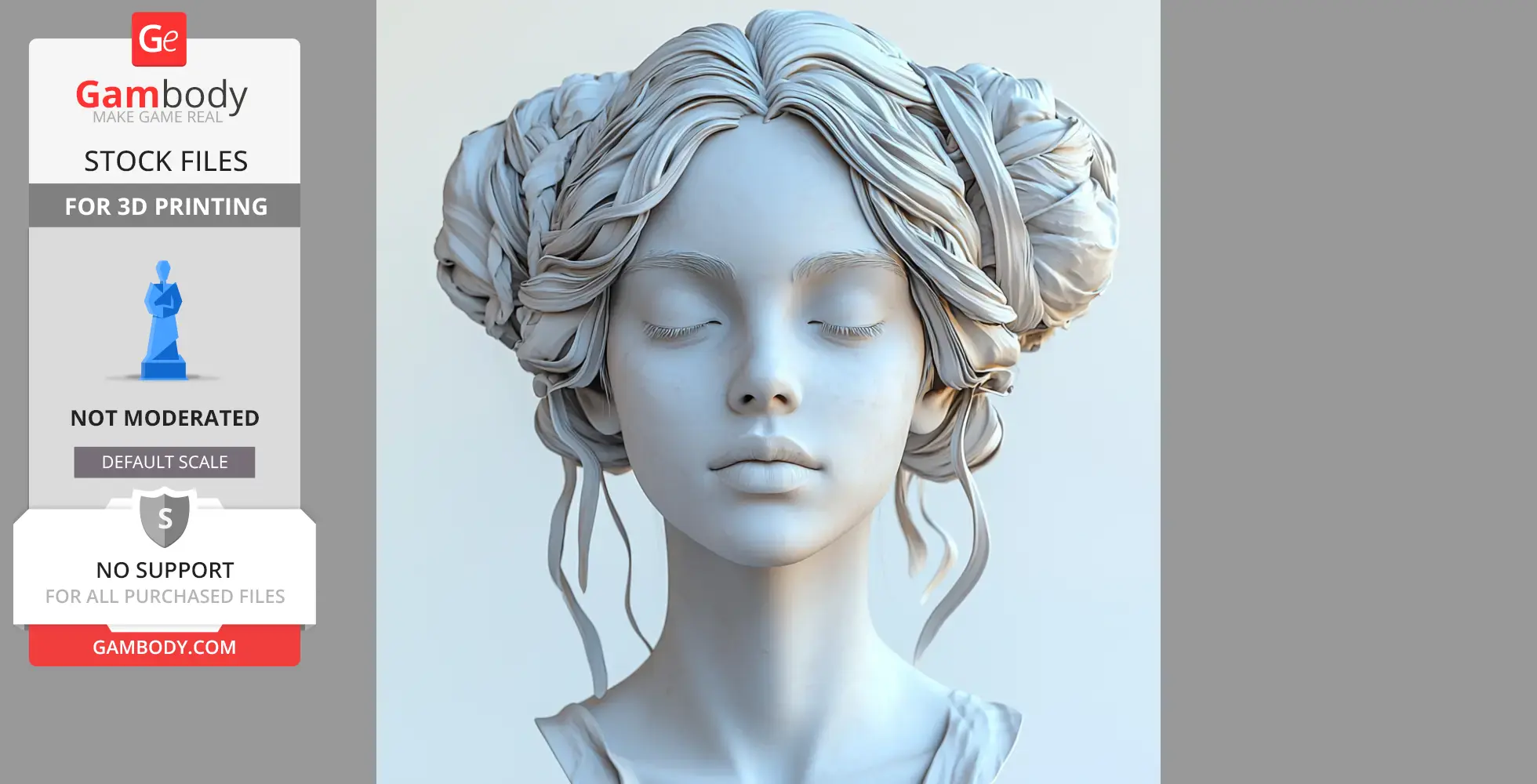 A serene, detailed 3D-printed female bust with intricate braided hair and closed eyes.