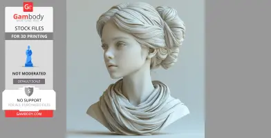 3D model of a young woman’s bust with detailed hair and draped clothing, suitable for 3D printing.