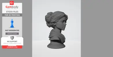 A 3D printed bust of a woman with an intricate bun hairstyle, facing right.