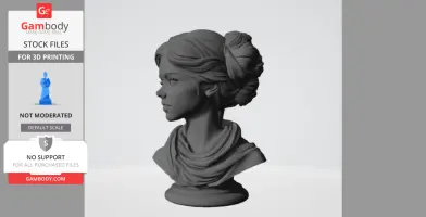 3D printed bust of a woman with styled hair, facing left, on a smooth pedestal base.