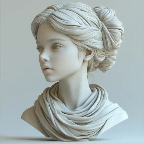 Elegant female bust with detailed hair and draped clothing, designed for 3D printing.