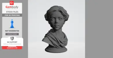 3D printed female bust with detailed hair and draped clothing on a round base.