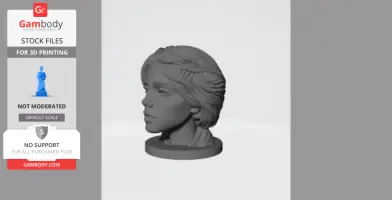 3D printed female bust with detailed hair and serene expression on a round base.