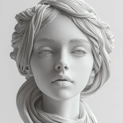 A detailed 3D printed bust of a woman with intricately styled hair.