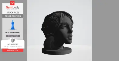 A 3D printed bust of a woman with intricate hair and subtle facial details on a round base.