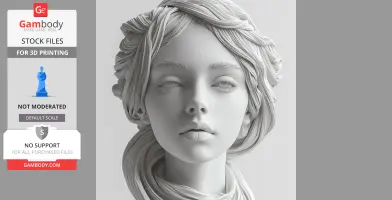 A detailed 3D printed female bust with intricate hair design, eyes closed in a serene expression.