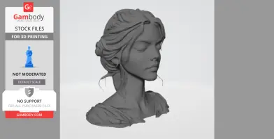 3D printed bust of a woman with detailed hair and closed eyes, designed for 3D printing.