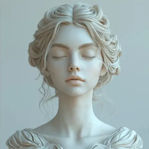 A serene 3D-printed female bust with closed eyes, detailed hair, and a textured garment.