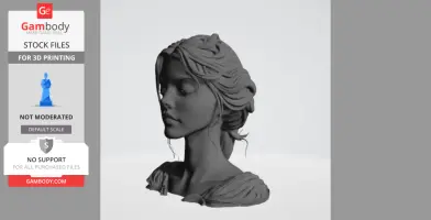 3D model of a female bust with detailed hair and serene expression, suitable for 3D printing.