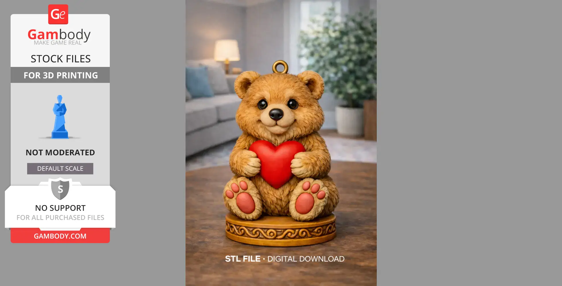 Cute bear figurine holding a red heart, sitting on a decorative base.