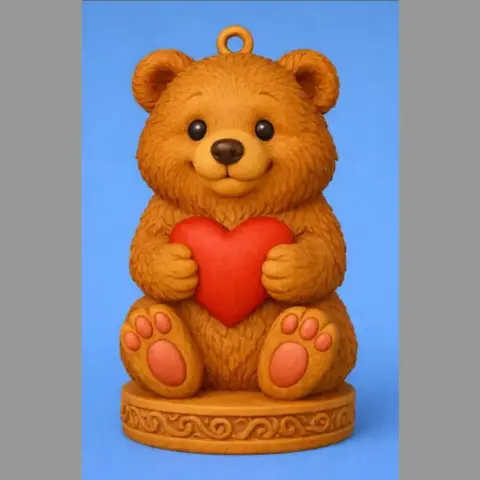 Cute bear figure holding a red heart, sitting on a decorative base, designed for 3D printing.