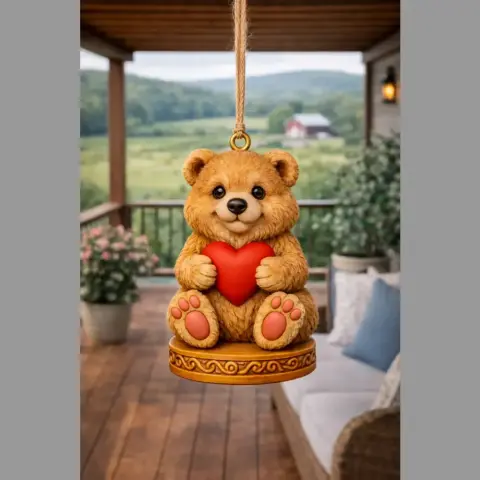 Cute bear figure holding a red heart, sitting on a decorative base, designed for 3D printing.