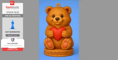 Cute bear figurine holding a red heart, seated on a decorated base for 3D printing.