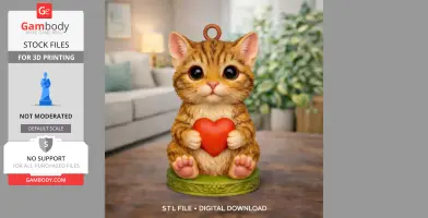 A cute cat figurine holding a red heart, sitting on a decorative base, ideal for 3D printing.