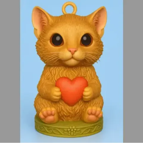 Cute cat pendant with large eyes, holds a heart, sits on a decorated base.