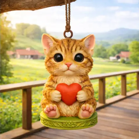 Cute cat pendant with large eyes, holds a heart, sits on a decorated base.