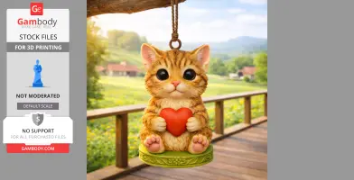 A cute cat pendant holding a red heart, suspended in an outdoor setting.