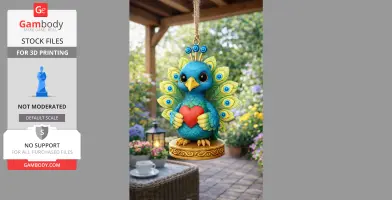 A colorful peacock charm holds a red heart, suspended on a rope, against a garden background.