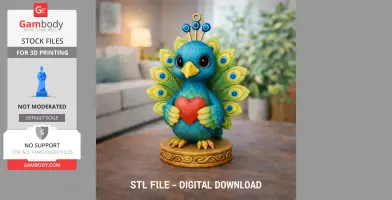 A cute, colorful peacock figurine holding a red heart charm, standing on a decorative base.