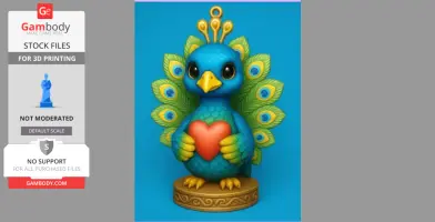 Cute blue peacock figurine holding a red heart, standing on a decorative base.