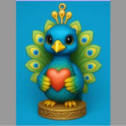Cute peacock figurine holding a red heart, standing on a decorative base with vibrant feathers.
