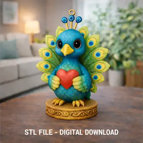 Cute peacock figurine holding a red heart, standing on a decorative base with vibrant feathers.
