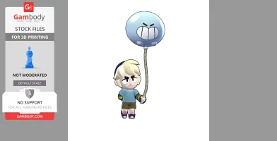 Child with blond hair holding a stick attached to a grinning balloon. 3D model for printing.