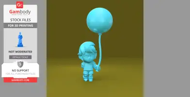 A 3D model of a cartoonish character holding a balloon, suitable for 3D printing.