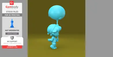 A 3D model of a cartoonish character holding a balloon, in light blue color, viewed from the side.