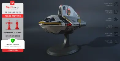 Futuristic spaceship model with a sleek design and stand, ideal for 3D printing display.
