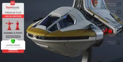 Star Wars Phantom 2 Shuttle 3D model for printing; sleek design with gold and white details.