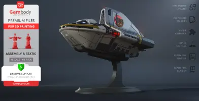 A detailed 3D model of the Phantom 2 Shuttle from Star Wars on a display stand, ready for printing.