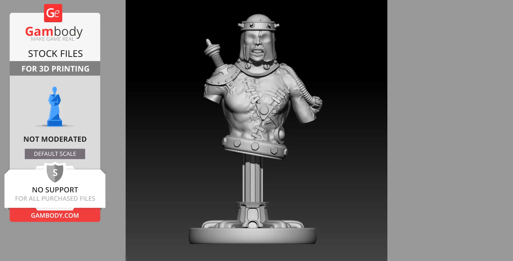 A 3D bust of Frankenstein's monster with bolts, stitches, and mechanical elements, on a pedestal stand.