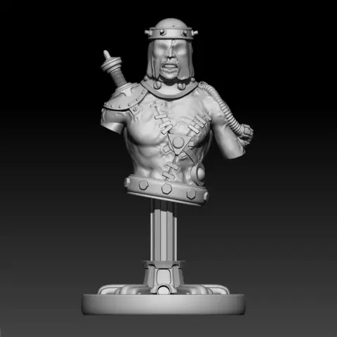 Frankenstein's monster bust with mechanical details and a rugged, industrial look on a pedestal.