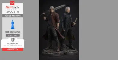 Two detailed 3D models of characters in coats with swords, standing on rocky bases.