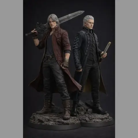 Two male characters in detailed outfits, one holding a large sword, the other a katana, standing on rocky bases.