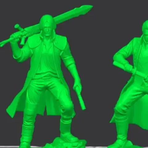 Two male characters in detailed outfits, one holding a large sword, the other a katana, standing on rocky bases.
