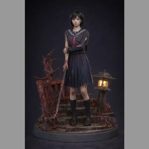 A girl in a tattered school uniform stands on a bloodstained platform with a lantern and creepy tree.