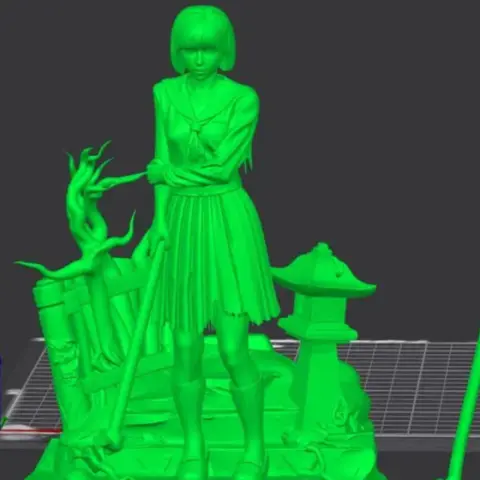 A girl in a tattered school uniform stands on a bloodstained platform with a lantern and creepy tree.