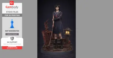 A detailed model of a girl in a dark uniform with a staff, standing on a creepy, vine-covered platform.