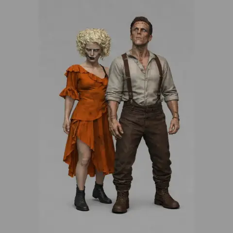 Two detailed 3D models of a woman in an orange dress and a man in suspenders, both with intense expressions.