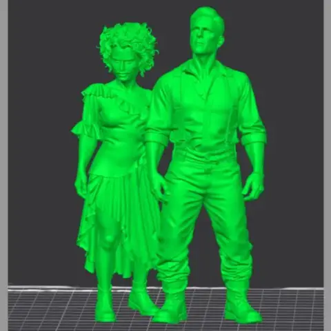 Two detailed 3D models of a woman in an orange dress and a man in suspenders, both with intense expressions.
