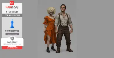 A couple with a retro style; the woman in an orange dress and the man in suspenders, both looking serious.